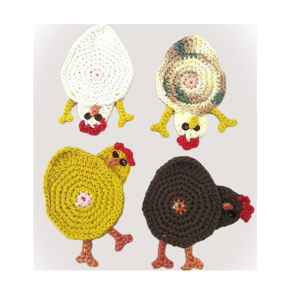 Crochet Chicken Butt Coasters Hand Crafted Set of Four Peeking Hen Table Mug Rug